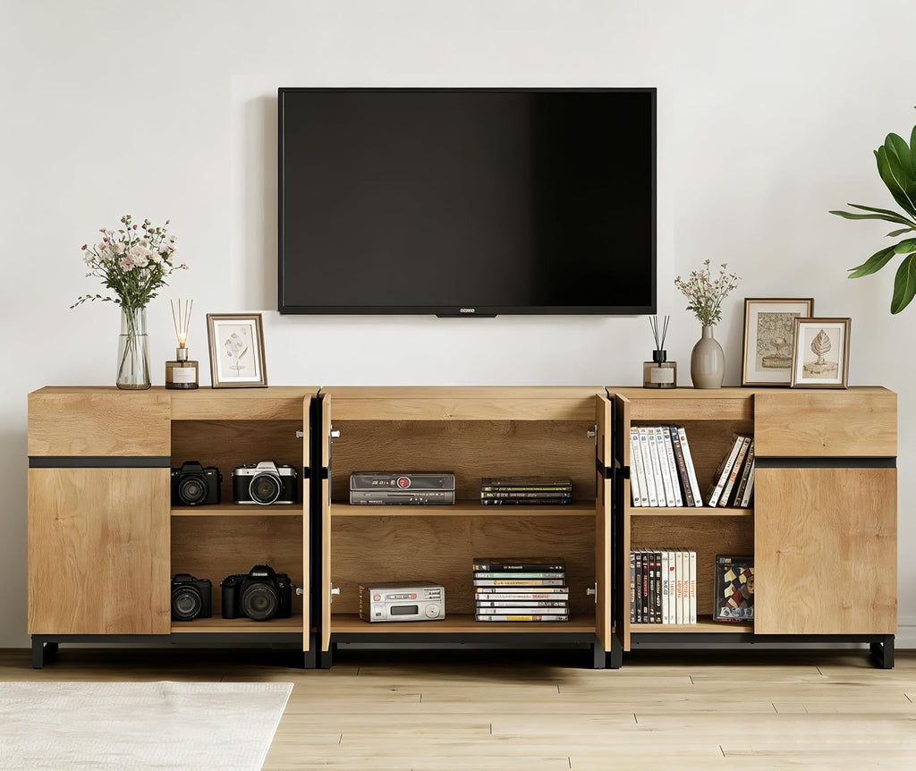 WAMPAT Modern TV Stand for TVs Up to 100 Inch, 3-in-1 Wood Entertainment Center with Adjustable Shelves & Protective Foot Pads, Metal Base Media Console for Living Room, Oak