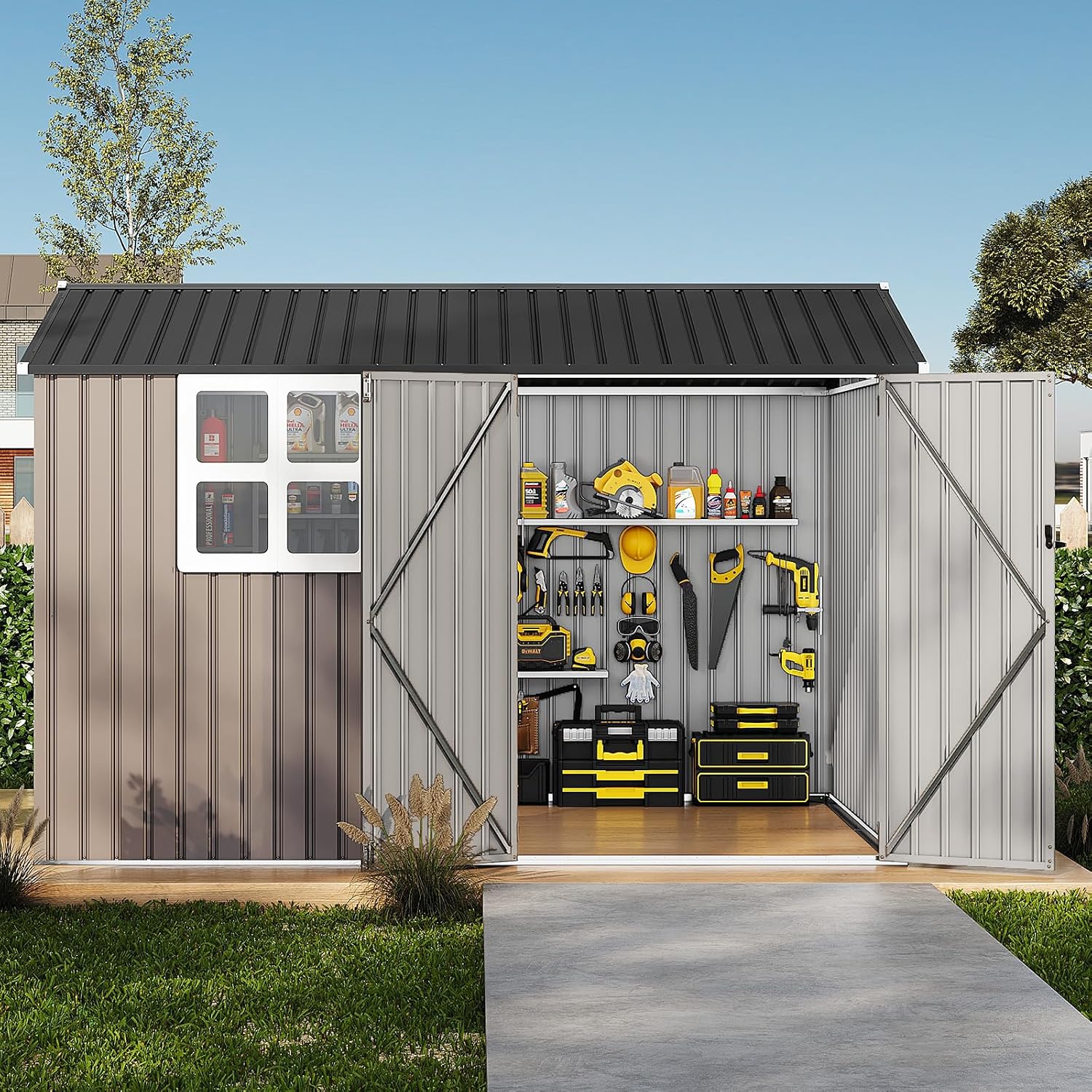 Garvee 6x8 Ft Heavy-Duty Metal Storage Shed with Lockable Door & Windows - Galvanized Steel Outdoor Utility Shed with Sloped Roof for Backyard, Garden, Garage, and Patio, Brown