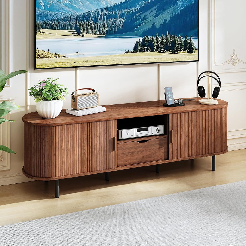 69' Mid-Century TV Stand with Power Outlet, Fluted Entertainment Center with Storage Drawer, TV Console with Sliding Door and Adjustable Shelves, TV Stand up to 80' for Living Room, Bedroom, Walnut