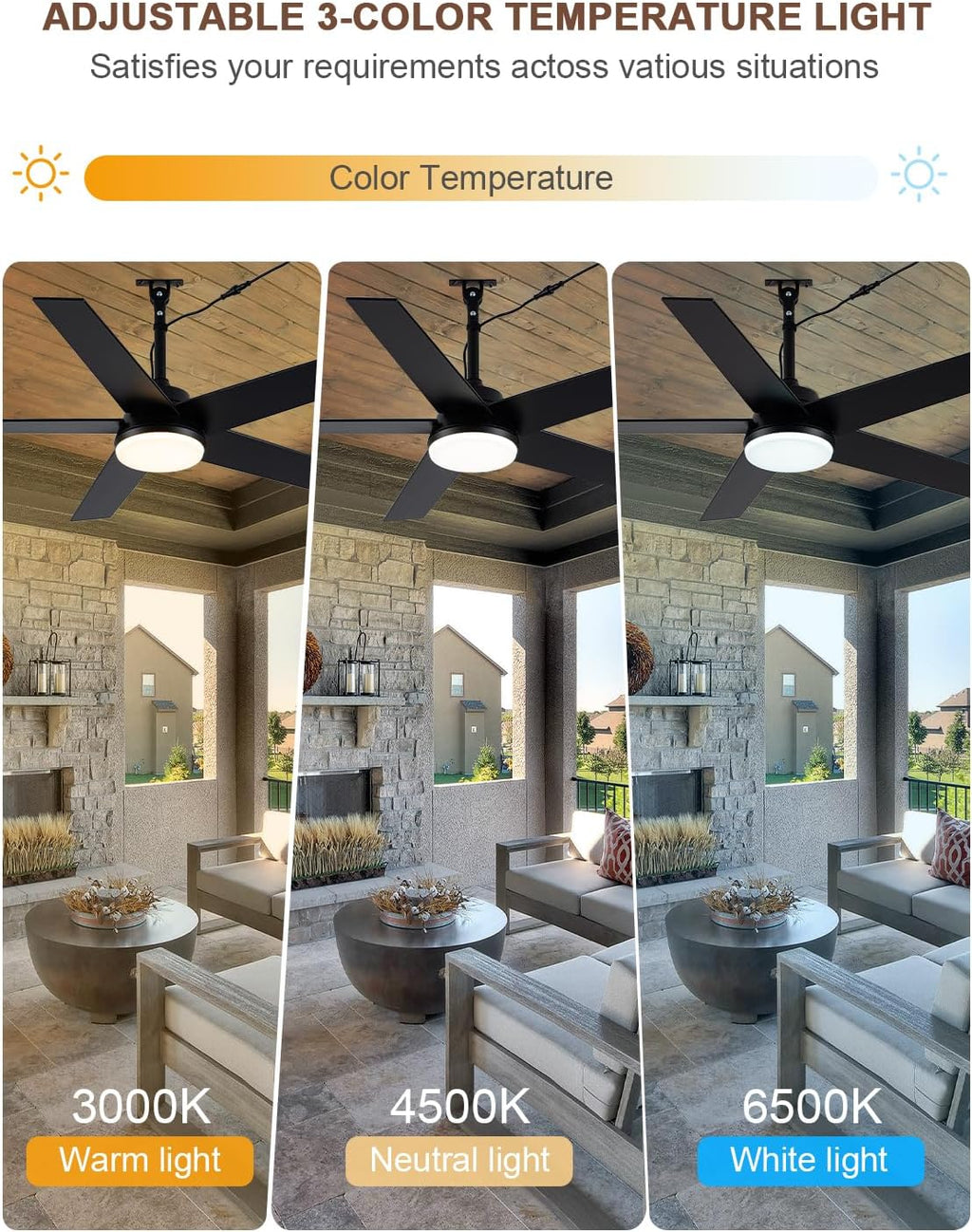 Bella Depot 48' Outdoor Ceiling Fan Black Waterproof Gazebo Fan with Light Smart App Remote Control Hanging Fan for Outside Patios Pergola Tent Plug-in Design Adjustable Brightness (48'- Black)