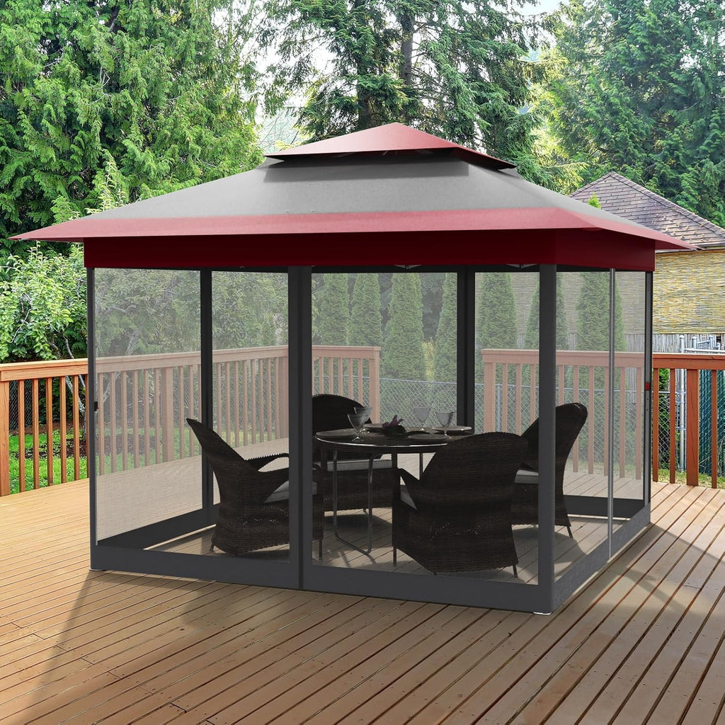 MAMIZO 13ft Pop Up Gazebo, Outdoor Instant Canopy Tent w/4 Netting Sidewall & Auto Extending Eave, Patio Gazebos Shelter w/Mesh Wall, Center Lock, Wheeled Bag for Garden, Yard (Red, 13X13FT)