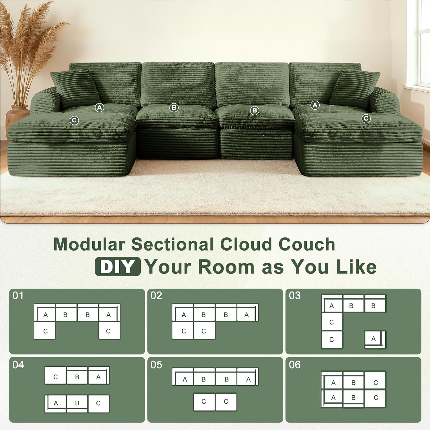 138' Modular Sectional Sofa Couches U Shaped Couch 4 Seater Cloud Sofa Memory Foam Sectional Couches for Living Room, Boneless Couch with Ottoman, Corduroy, Green