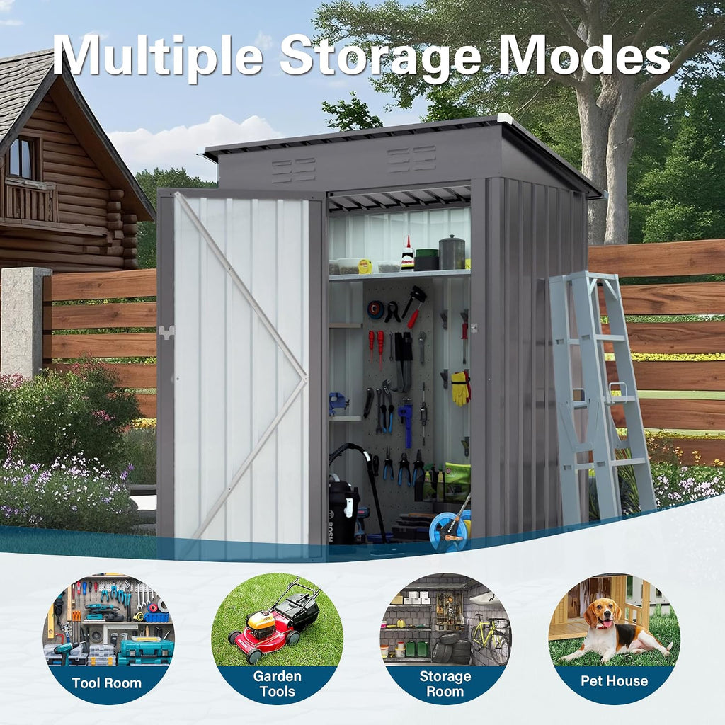 5x3 FT Metal Outdoor Storage Shed, Compact Garden Tool Organizer with Pitched Roof and Lockable Door, Weather-Resistant Small Metal Shed for Backyard, Patio, Balcony and Bike Storage, Gray