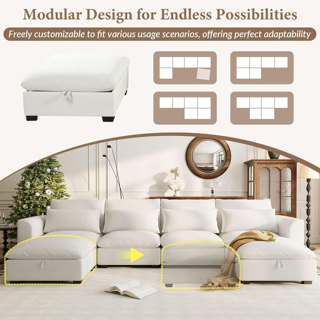 LUMISOL U-Shaped Sectional Sofa with Movable Ottomans, 131.9' Upholstered Modular Sofa Linen Blend Fabric Couch with Storage Ottomans, for Living Room Home Theaters Apartment, Beige