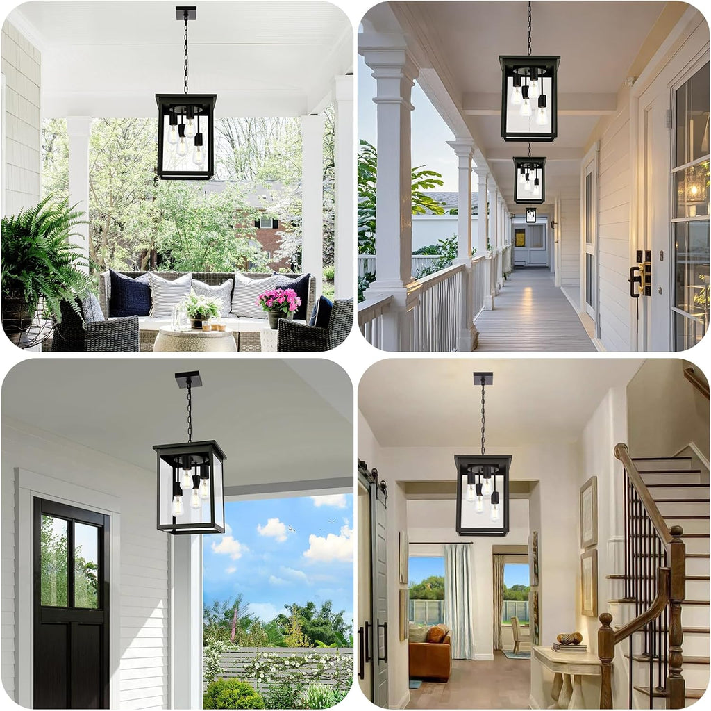 16.7'' Outdoor Pendant Lights for Porch, 4-Lights Black Exterior Pendant Light with Clear Glass, Outdoor Porch Light Ceiling Mount Outdoor Hanging Light Fixture for Gazebo, Patio, Entryway
