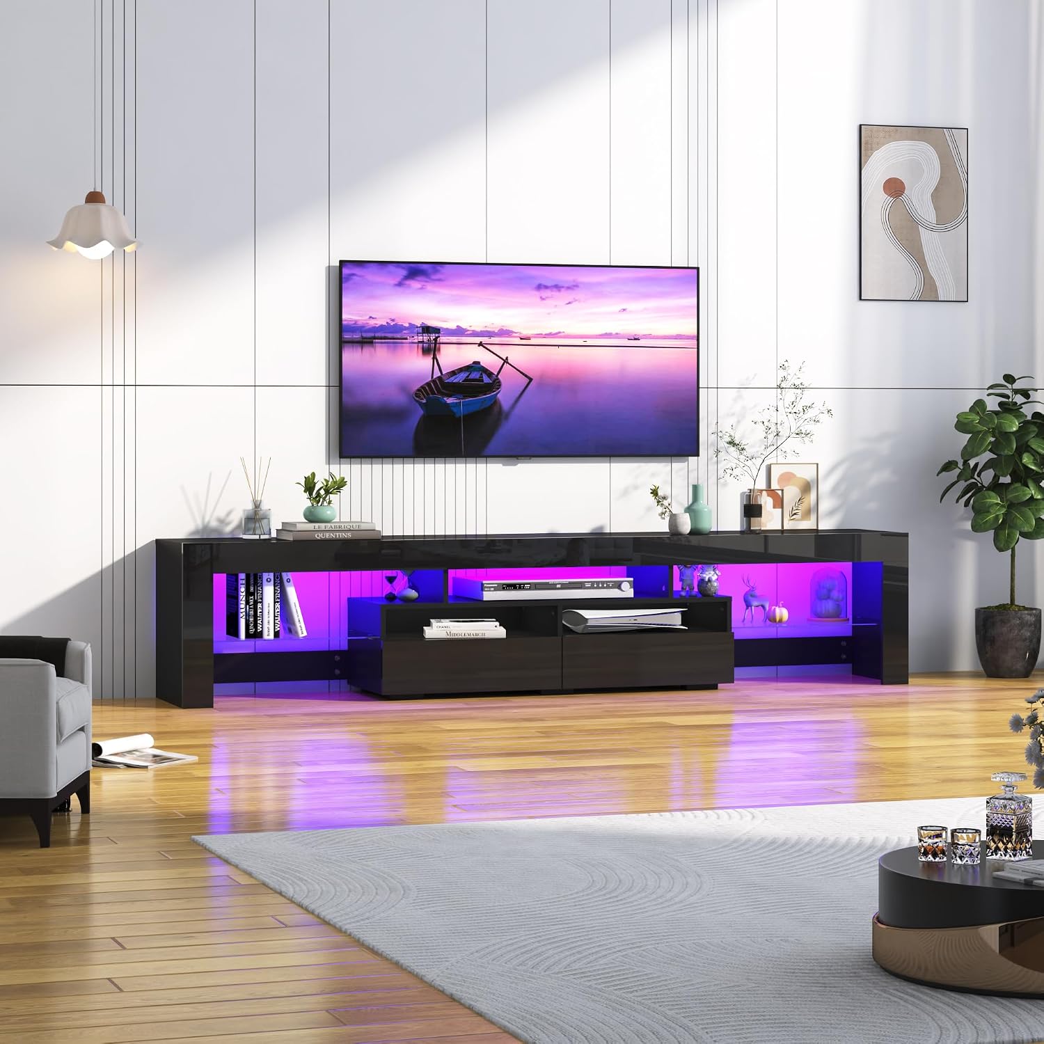 Uspeedy 86.6in TV Stands for 85/90/95 inch TV,Modern LED TV Stand for Living Room,Black TV Stands,High Gloss TV Entertainment Center with Storage Drawer,APP RGB Light