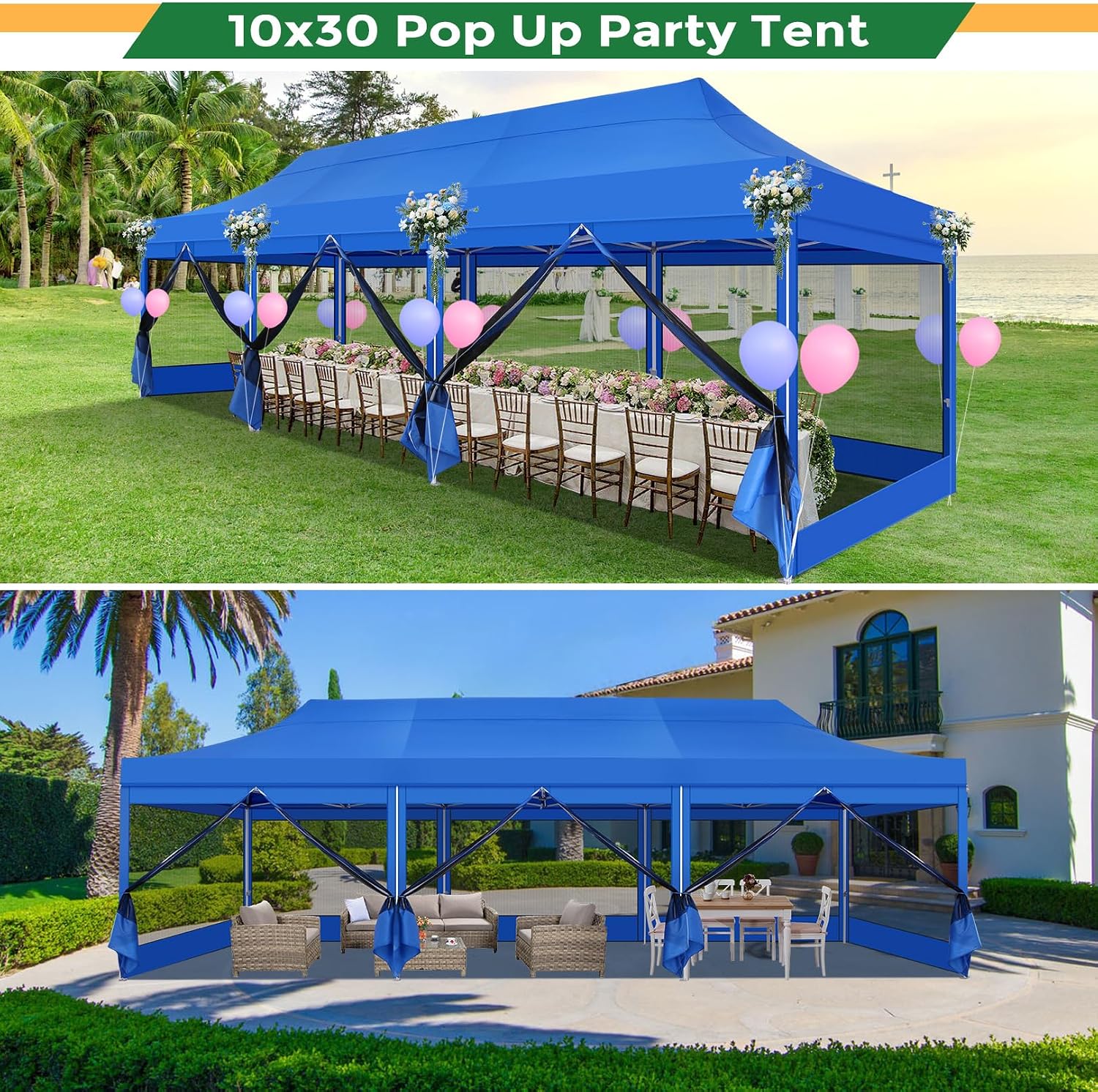 COBIZI 10x30 Heavy Duty Pop Up Canopy with 8 Mosquito Netting Wall, Easy Set Up Commercial Gazebo Party Tent, Outdoor Instant Screen Canopy for Backyard, Patio, Garden, Blue