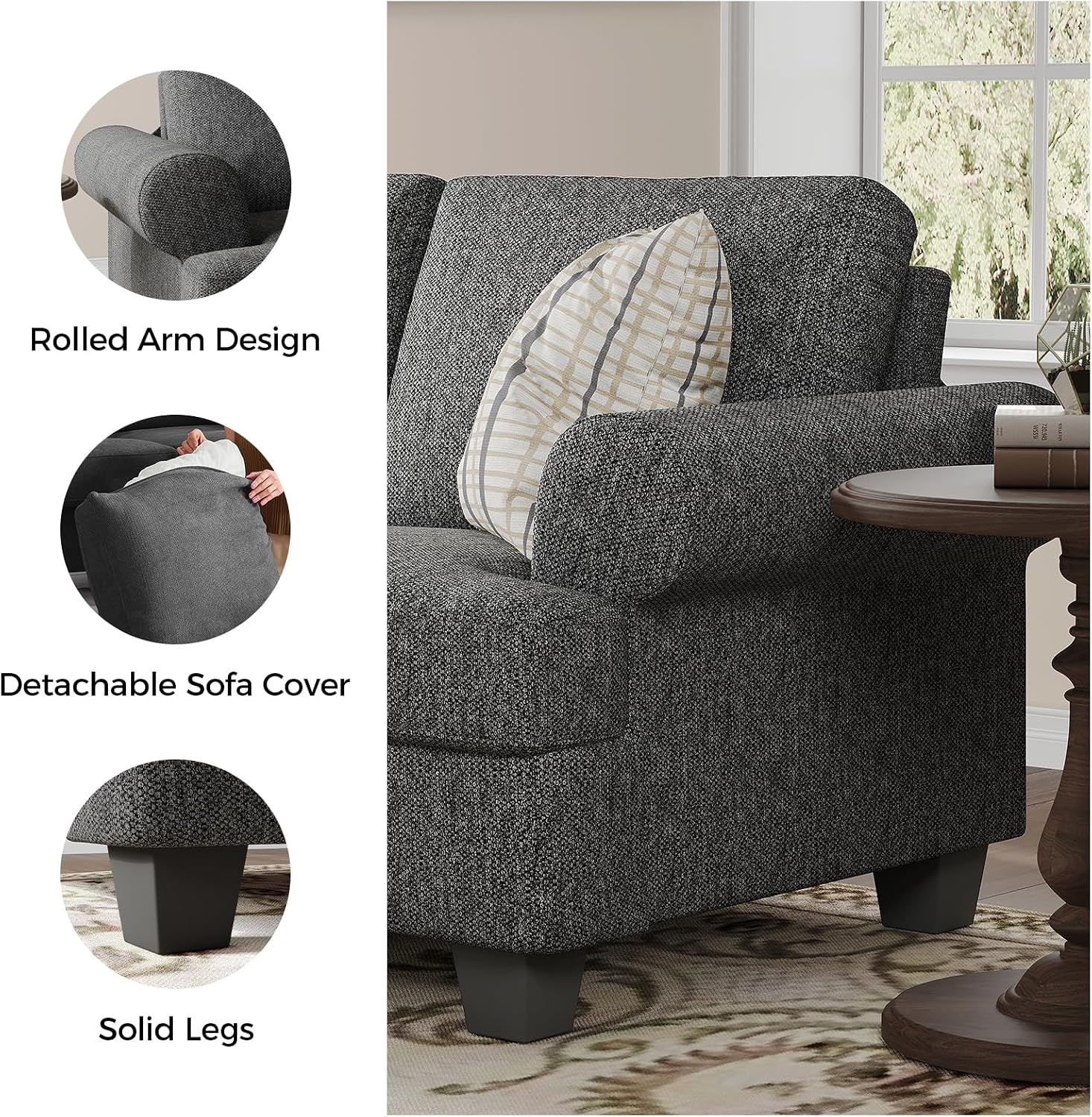 COPIAE 91 Inch Lawson Sofa with Extra Deep Seats Oversize, Mid-Century 3-Seat Sofa Couch, for Living Room, Apartment, Lounge, Dark Gray
