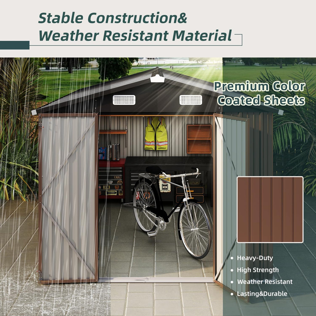 8x12ft Brown Metal Tool Shed with Double Lockable Doors, Ventilated Roof, Spacious Outdoor Storage for Tools, Bikes, and Garden Equipment