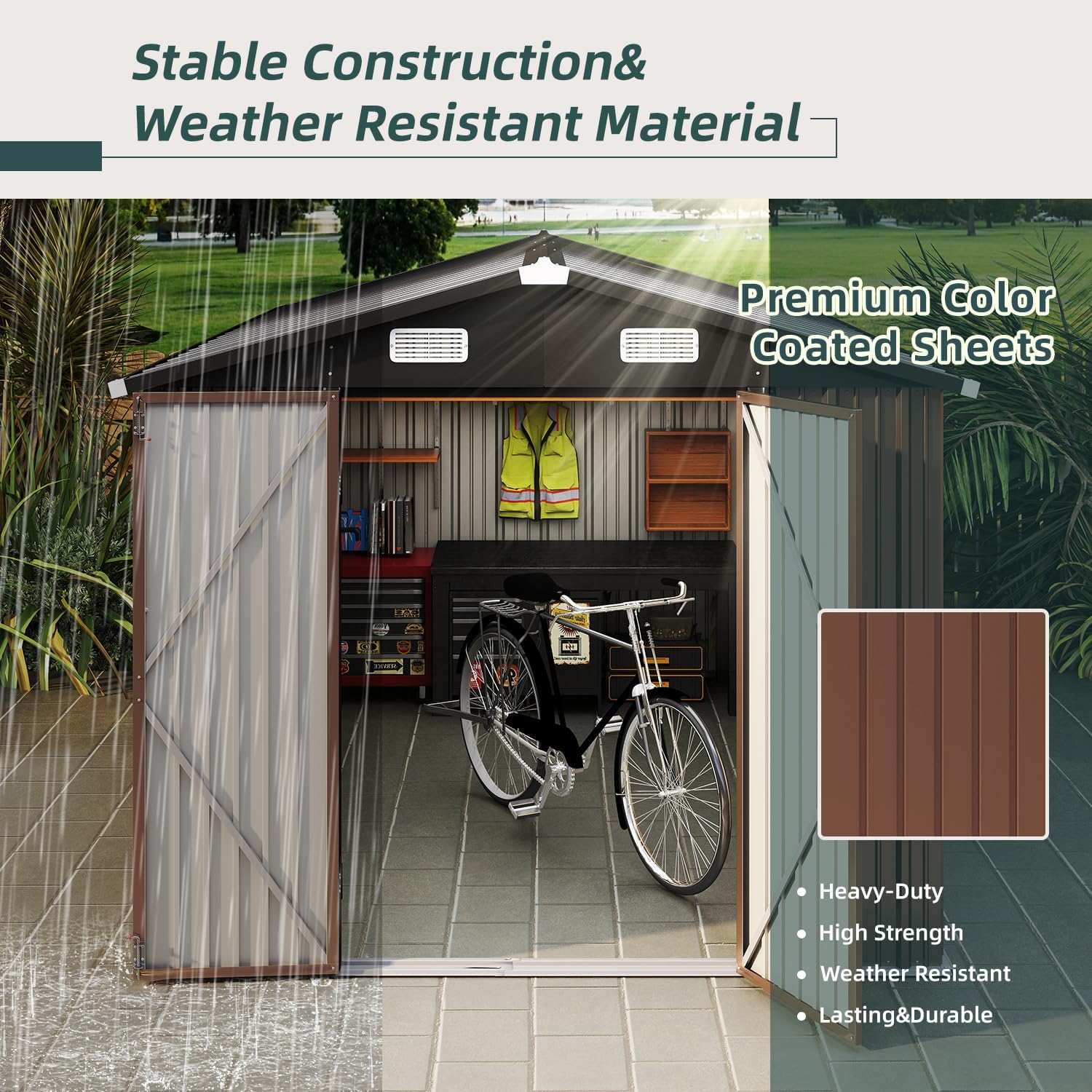 8x12ft Brown Metal Tool Shed with Double Lockable Doors, Ventilated Roof, Spacious Outdoor Storage for Tools, Bikes, and Garden Equipment