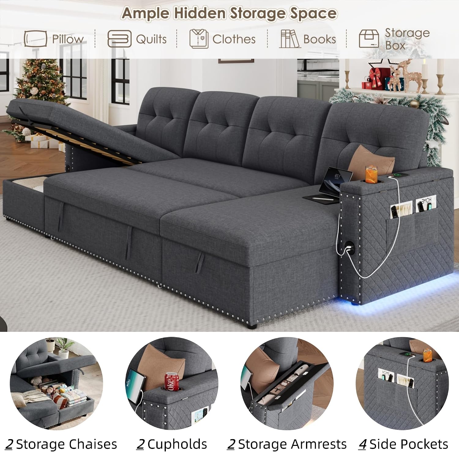 HIFIT 106' Sectional Couches for Living Room- Pull Out Sleeper Sofa Couch w/Storage Chaise,Storage Armrest,LED Light&USB Port&Cupholder, Modern Linen U Shaped Home Sofa Living Room Furniture Set, Grey