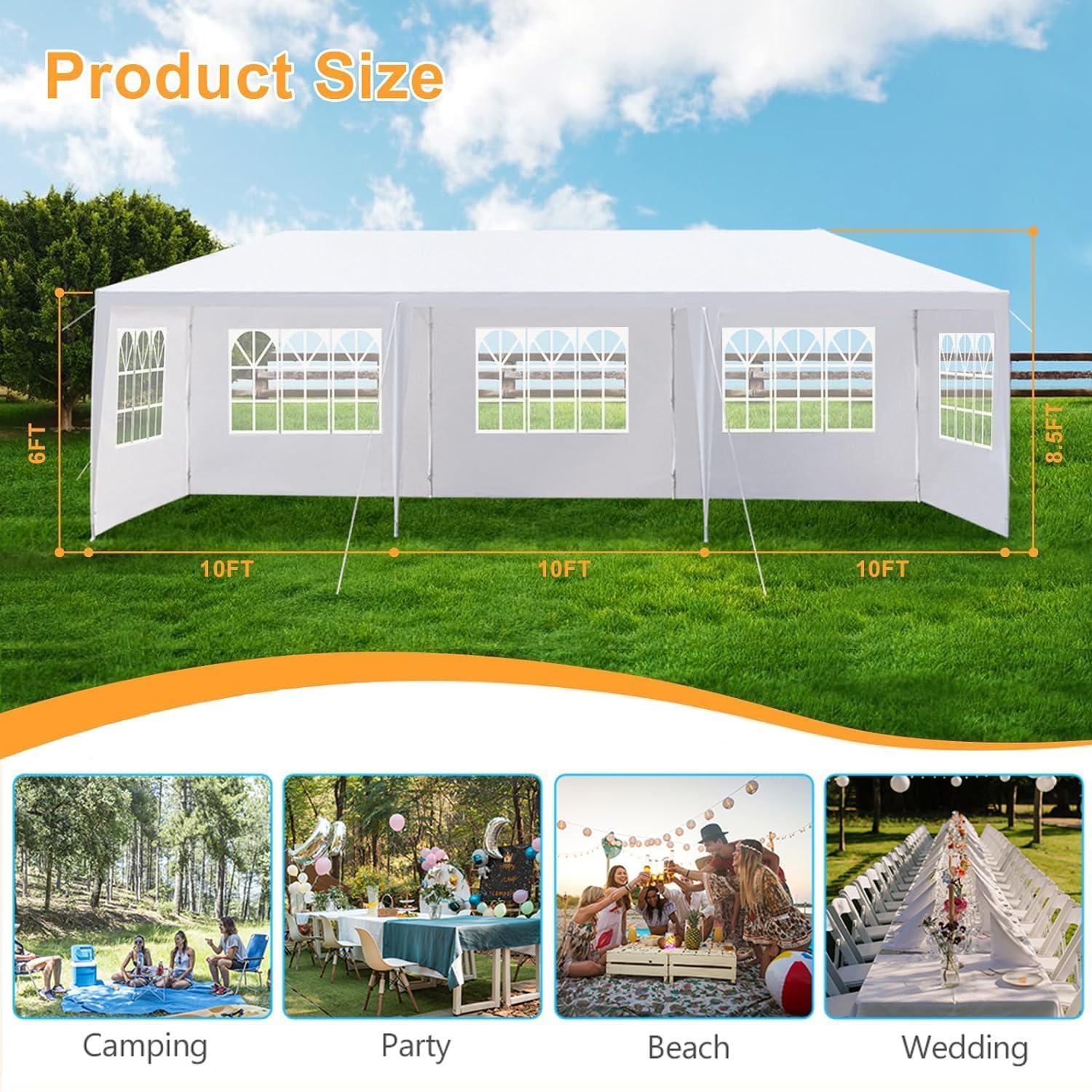 Outdoor Gazebo Canopy Wedding Party Tent Camping Shelter Commercial Instant Shelter Waterproof Tent with Removable Side Walls (10'x30' Five Sides)