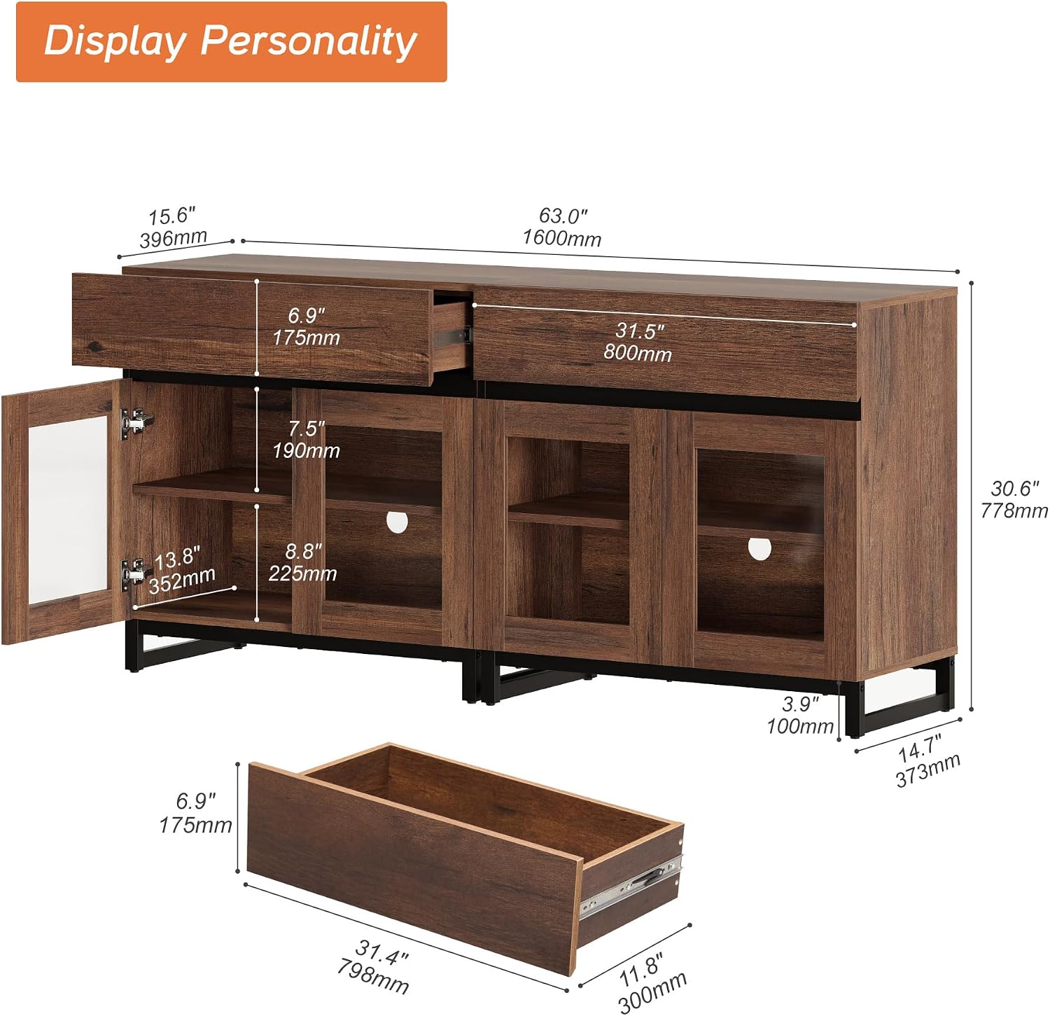 WAMPAT Modern TV Stand with Glass Doors for 40-70 inch TVs, 2 in 1 Entertainment Center Console with 2 Drawers and Metal Base for Living Room, Bedroom, Brown
