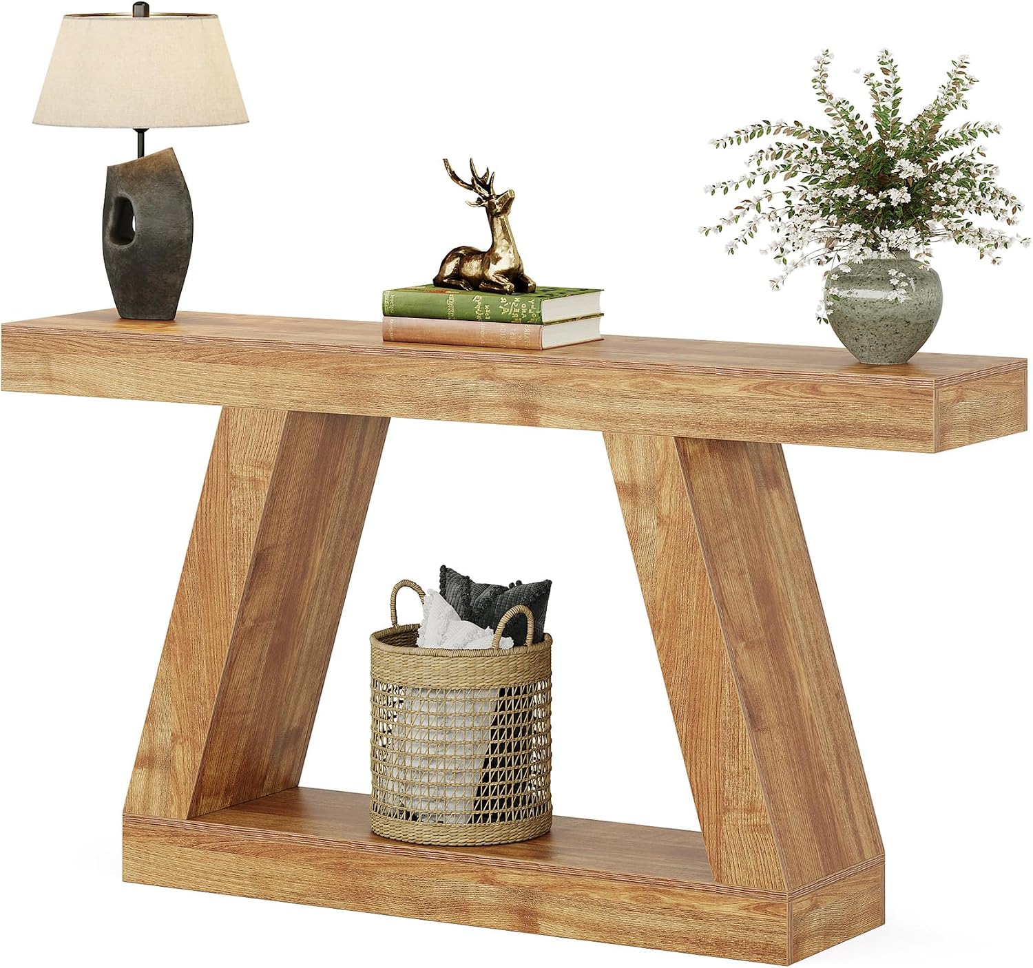 Tribesigns Farmhouse Console Table, 55-Inch Rustic Sofa Table with Storage, Industrial Wooden Entryway Table for Hallway, Living Room, Natural Brown
