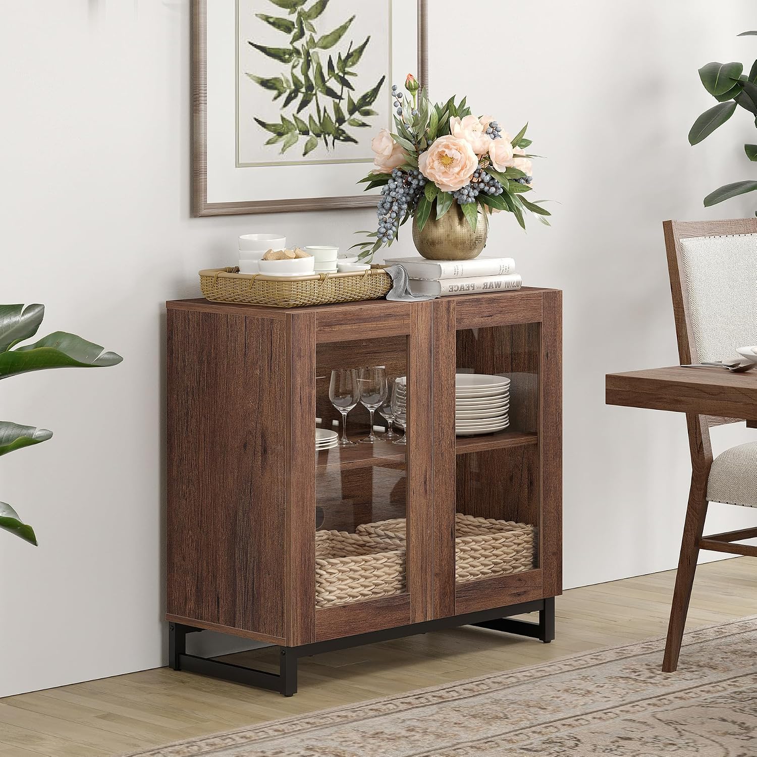WAMPAT Modern TV Stand with Glass Doors for 26-40 inch TVs, Entertainment Center Console with Adjustable Shelves and Metal Base for Living Room, Bedroom, Brown