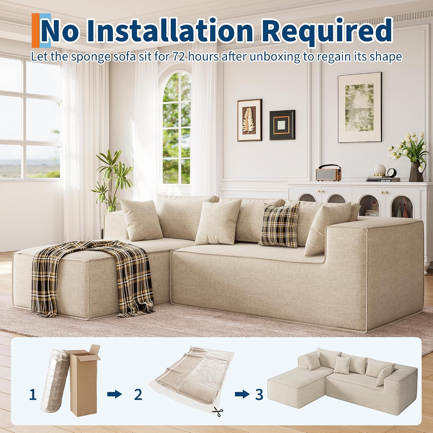 GarveeHome Modular Sectional Couches for Living Room, Cloud Sectional Couch with Deep Seat, 106.7 in Modular L-Shape Sofa with Chaise, Upholstered Couches for Bedroom, Chenille Beige