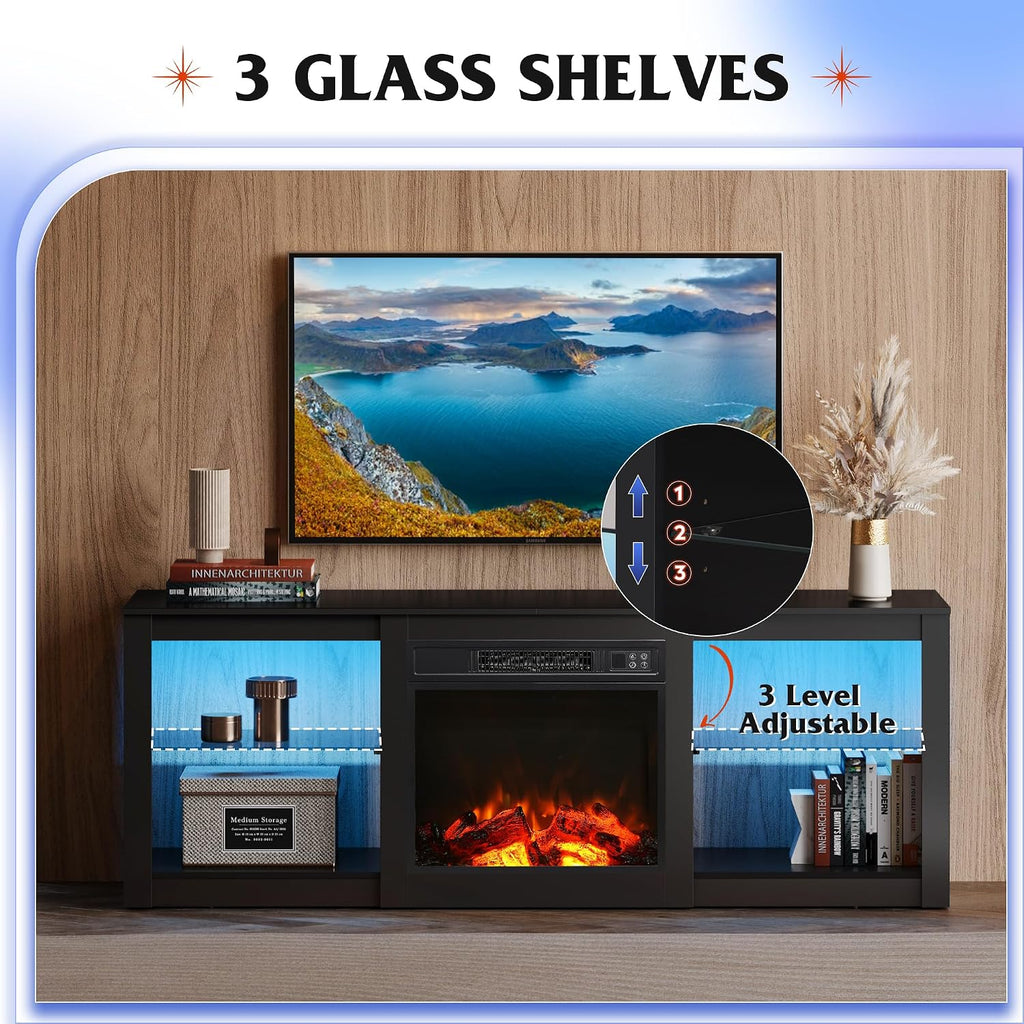 WLIVE 58 Inches Fireplace TV Stand with LED Lights, Modern Entertainment Center with 18'' Electric Fireplace & Adjustable Glass Shelves, Sturdy Media Console for Living Room, Bedroom (Black)