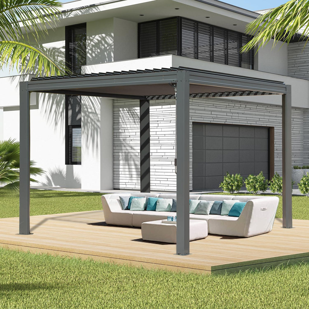 Domi Louvered Pergola 10×10 FT, Outdoor Aluminum Pergola with Adjustable Rainproof Roof and Drainage System, Metal Pergola Gazebo for Patio, Deck, Backyard, Grey