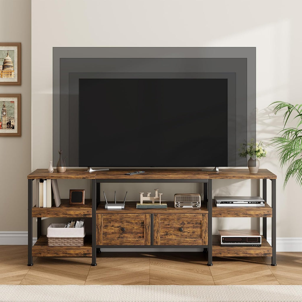 GarveeHome Rustic 63' TV Stand for TVs Up to 65', Industrial Media Console with 2 Drawers and Open Storage Shelves, Sturdy Metal Frame Entertainment Center, Brown