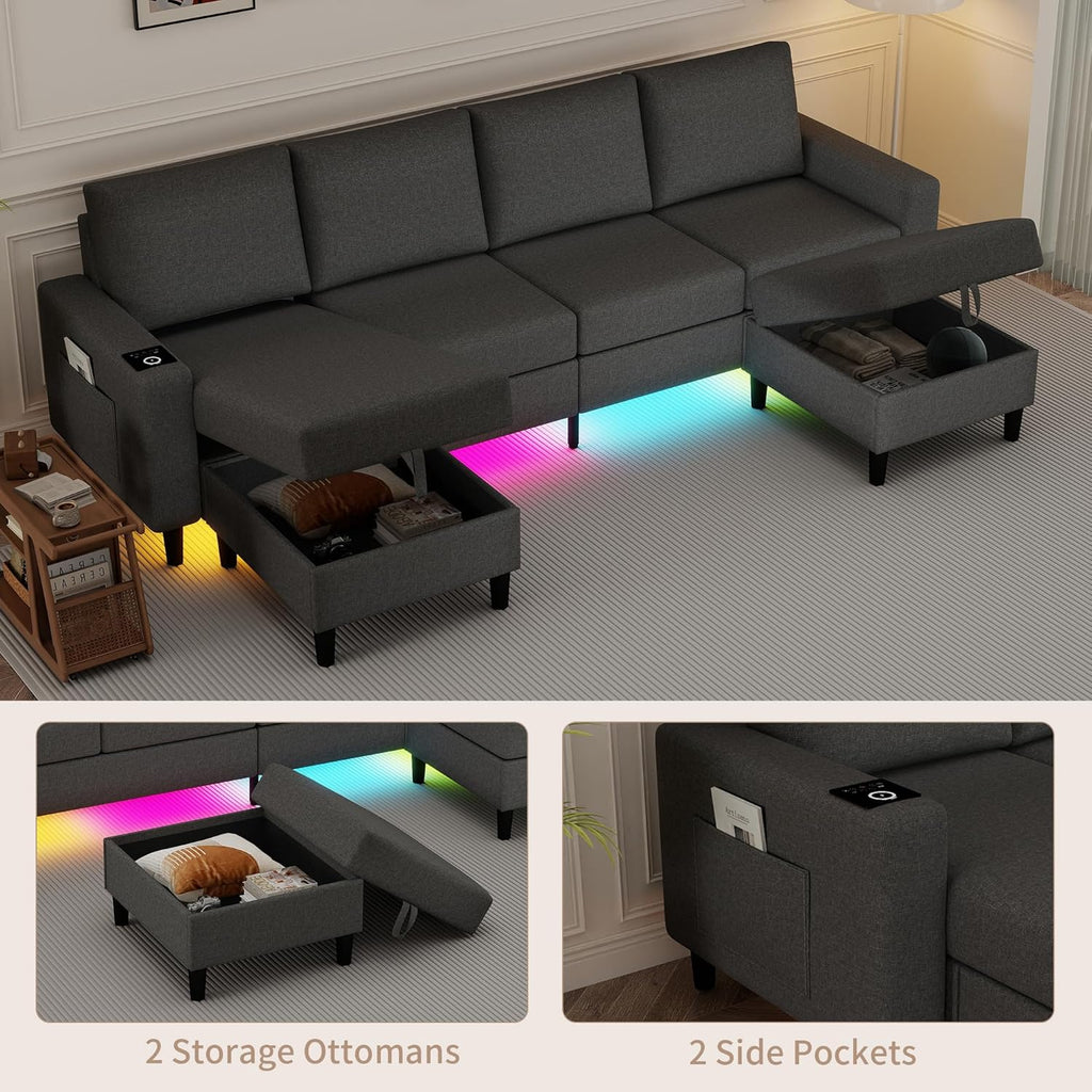 Sectional Couches for Living Room, 109' U Shaped Cloud Couch with Chaise Lounge/Storage Ottoman, 4 Seat Linen Sectional Sofa with Smart Module-Wireless Charging/USB/Type-C/RGB Lights (Dark Grey)