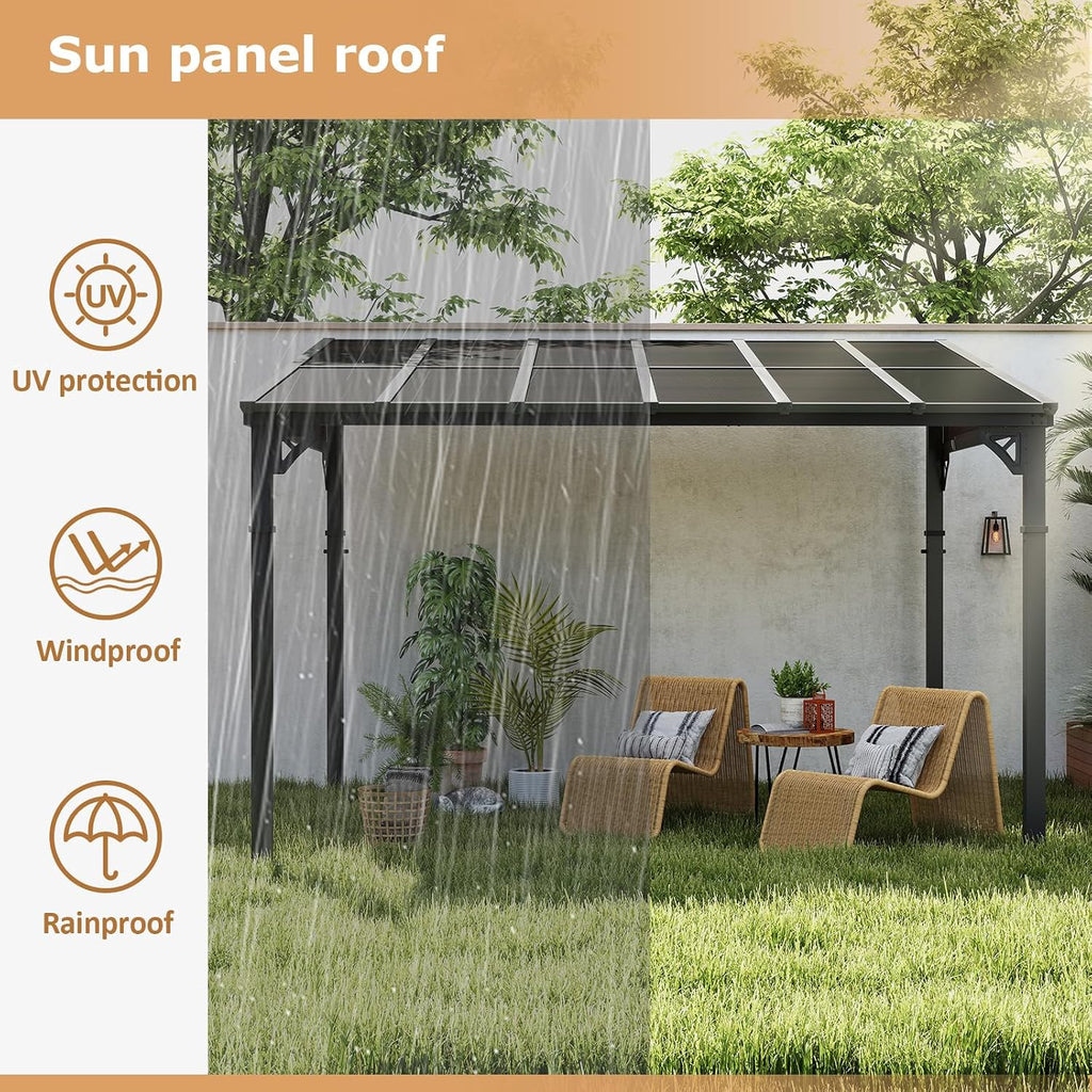 10x12FT Wall-Mounted Gazebo with Sloped Polycarbonate Roof, Heavy Duty Pergola for Patio, Backyard, or Deck, Modern Outdoor Shade Solution