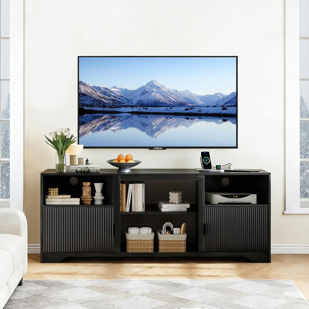 Fluted TV Stand for Tvs up to 80',Mid Century Modern TV Stand with Open Adjustable Shelf,Entertainment Center Wood TV Media Console with Cord Holes for Living Room Furniture Bedroom,Black