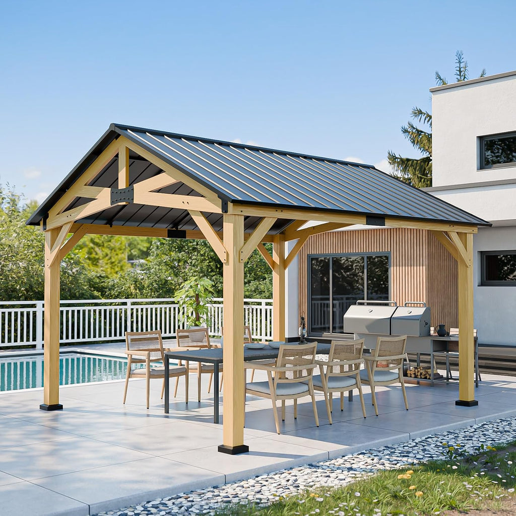 11x13 Hardtop Gazebo, Galvanized Steel Gable Roof Exposed Beam A-Frame Outdoor Pavilion with Cedar Wood Frame, Patio Gazebo for Deck, Garden, Lawn, Natural Wood/Black
