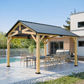 11x13 Hardtop Gazebo, Galvanized Steel Gable Roof Exposed Beam A-Frame Outdoor Pavilion with Cedar Wood Frame, Patio Gazebo for Deck, Garden, Lawn, Natural Wood/Black