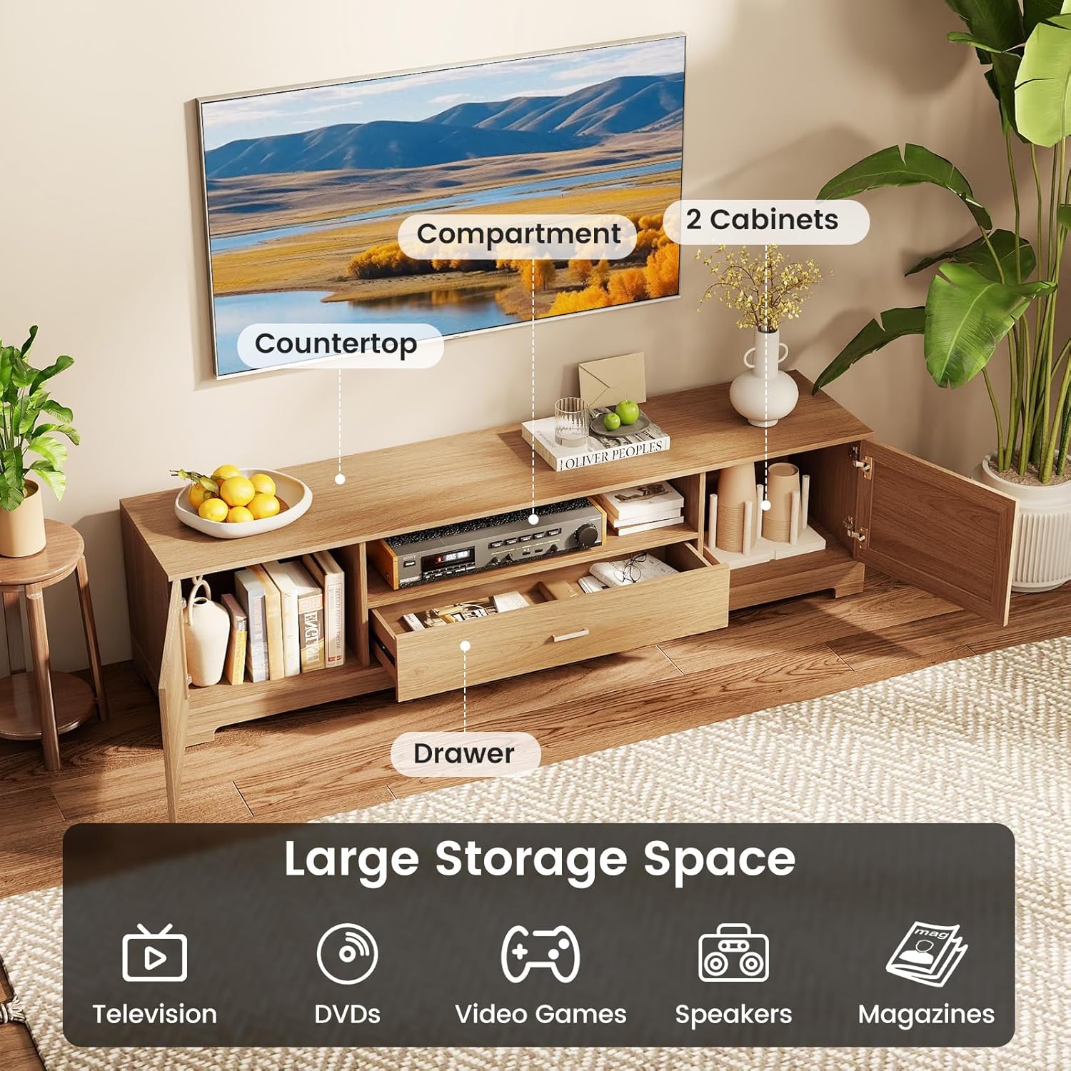 Giantex TV Stand for 60-80 Inch TV, Farmhouse Modern Entertainment Center with Storage Cabinets, Drawer & Cable Hole, Wooden Media TV Console Table for Living Room, Bedroom