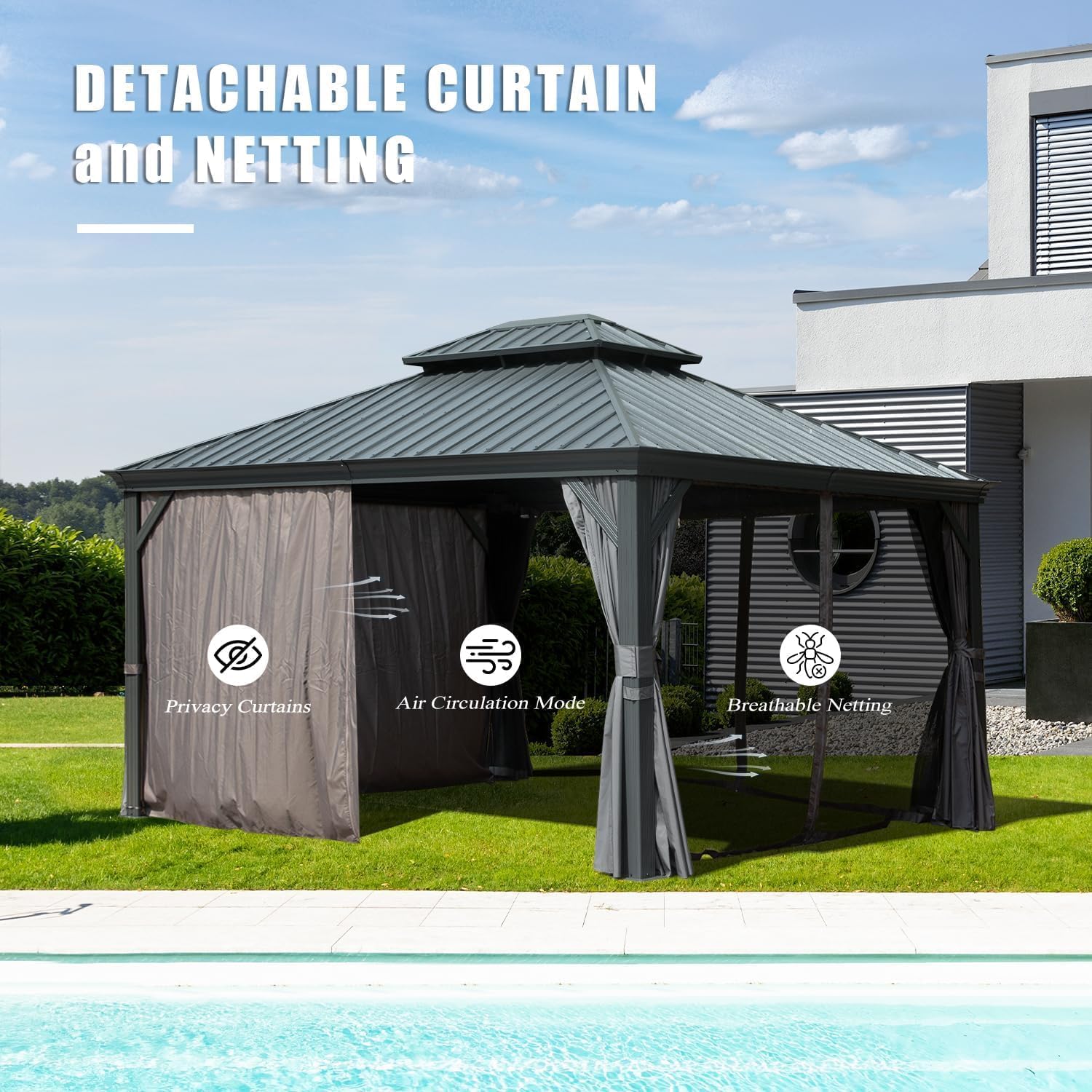 Domi 10x12 Outdoor Gazebo, Hardtop Gazebo with Aluminum Frame, Heavy Duty Pavilion Gazebo for Patio Deck Backyard, Curtain and Netting Included, Grey