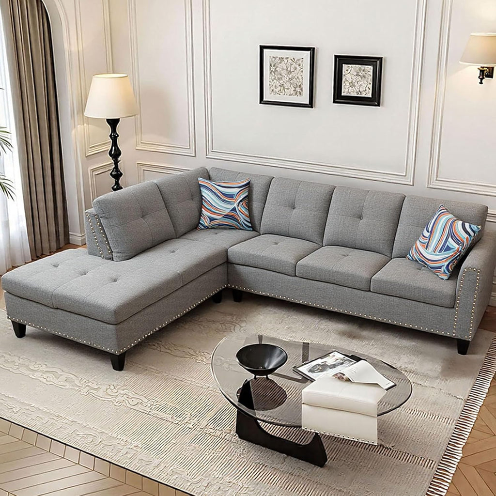 Modular L-Shaped Sectional Sofa, Modern Couches with Movable Chaise, Convertible 4-Seater Couch for Bedroom, Apartment & Office, Brown Grey