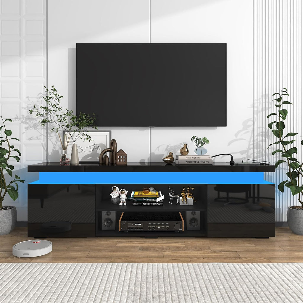 Hlivelood LED TV Stand for 75 Inch TV, Modern TV Stand with Power Outlet, High Gloss TV Console Entertainment Center with Storage and LED Lights for Living Room, Bedroom (66 Inch, Black)