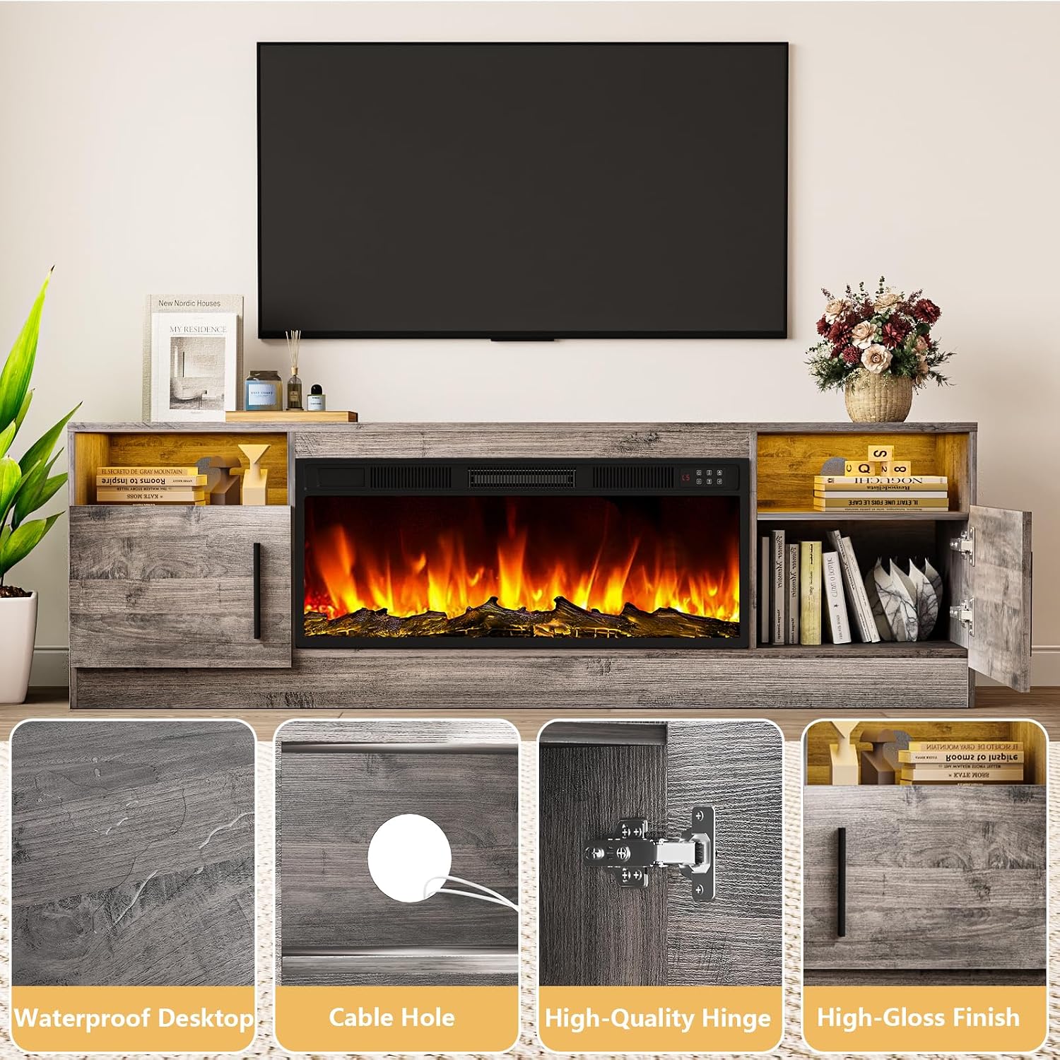 Tavata Fireplace TV Stand Entertainment Center with 36' Fireplace, 70' Wooden TV Console for TVs Up to 80', Modern TV Stands for Living Room with High Gloss Storage Cabinet and LED Lights (Grey)