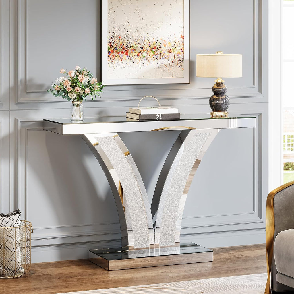 Tribesigns Mirrored Console Table, Modern Sliver Entryway Sofa Table with Crystal Inlay Frames for Living Room, Hallway, Foyer