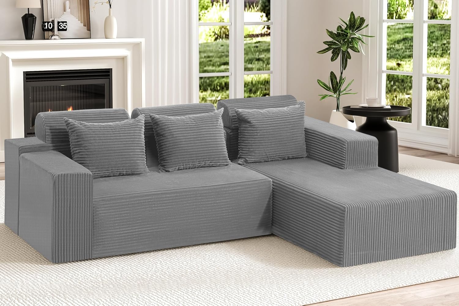 Homguava Modular Sectional Couches for Living Room,105' Cloud Couch with L-Shape Chaise,Comfy Sofa Living Room Sofas with Deep Seat,No Assembly L Couch,Corduroy Fabric(Light Grey,R)