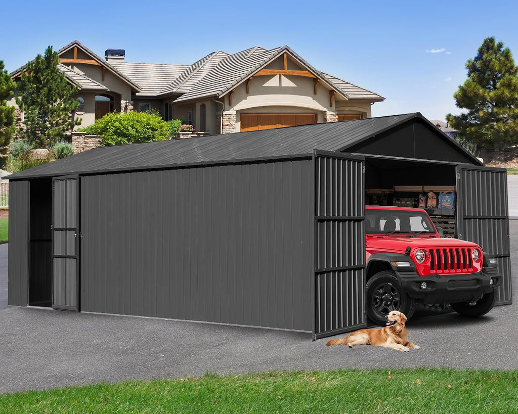 12x20FT Metal Carport, Heavy Duty Metal Garage with 2 Lockable Doors, Metal Steel Storage Shed, Metal Shed, Car Garage, Outdoor Large Garage for RV, Truck & Lawnmower -Dark Grey