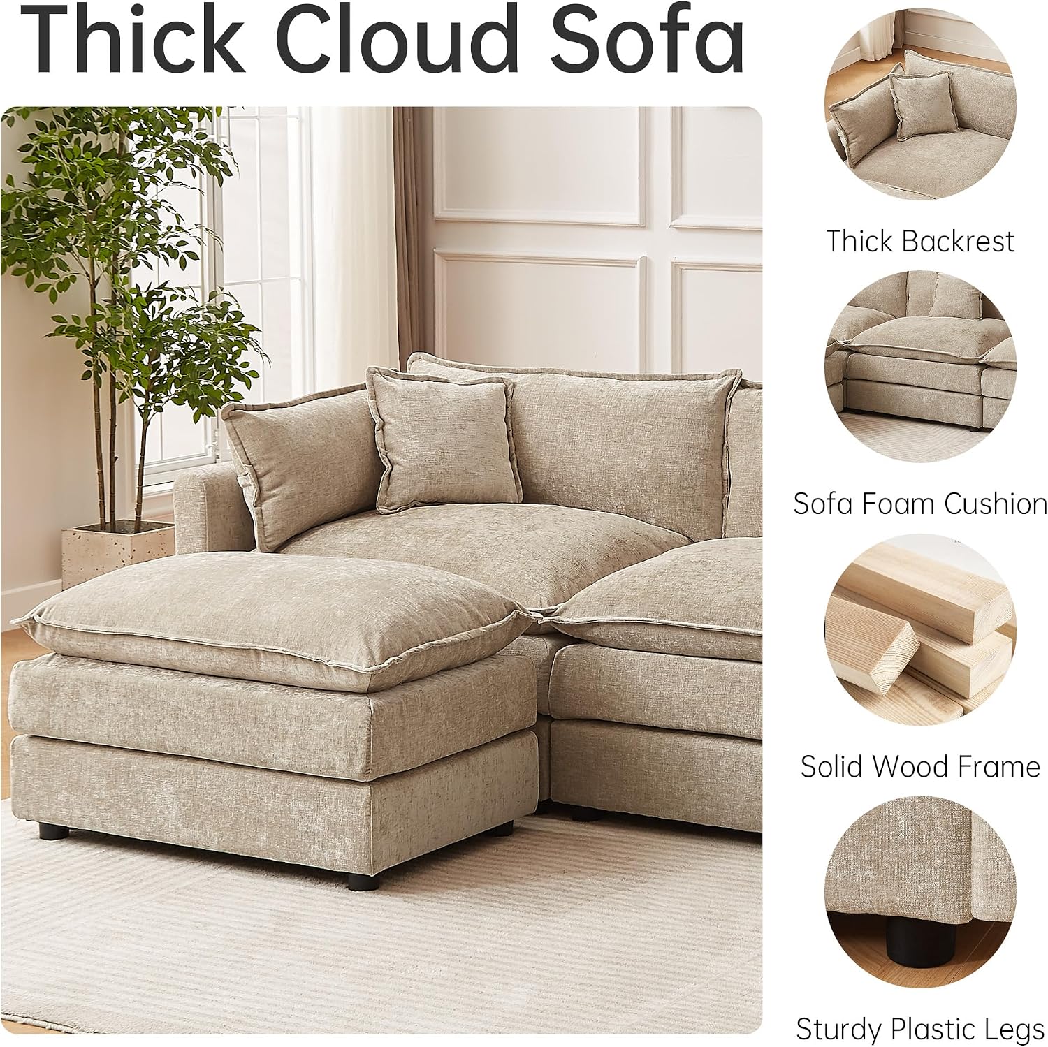 Modular Sectional Sofa, 77 Inch U Shaped Couch Set with Armrests, 2-Seater Comfy Cloud Couches for Living Room Apartment, Coffee