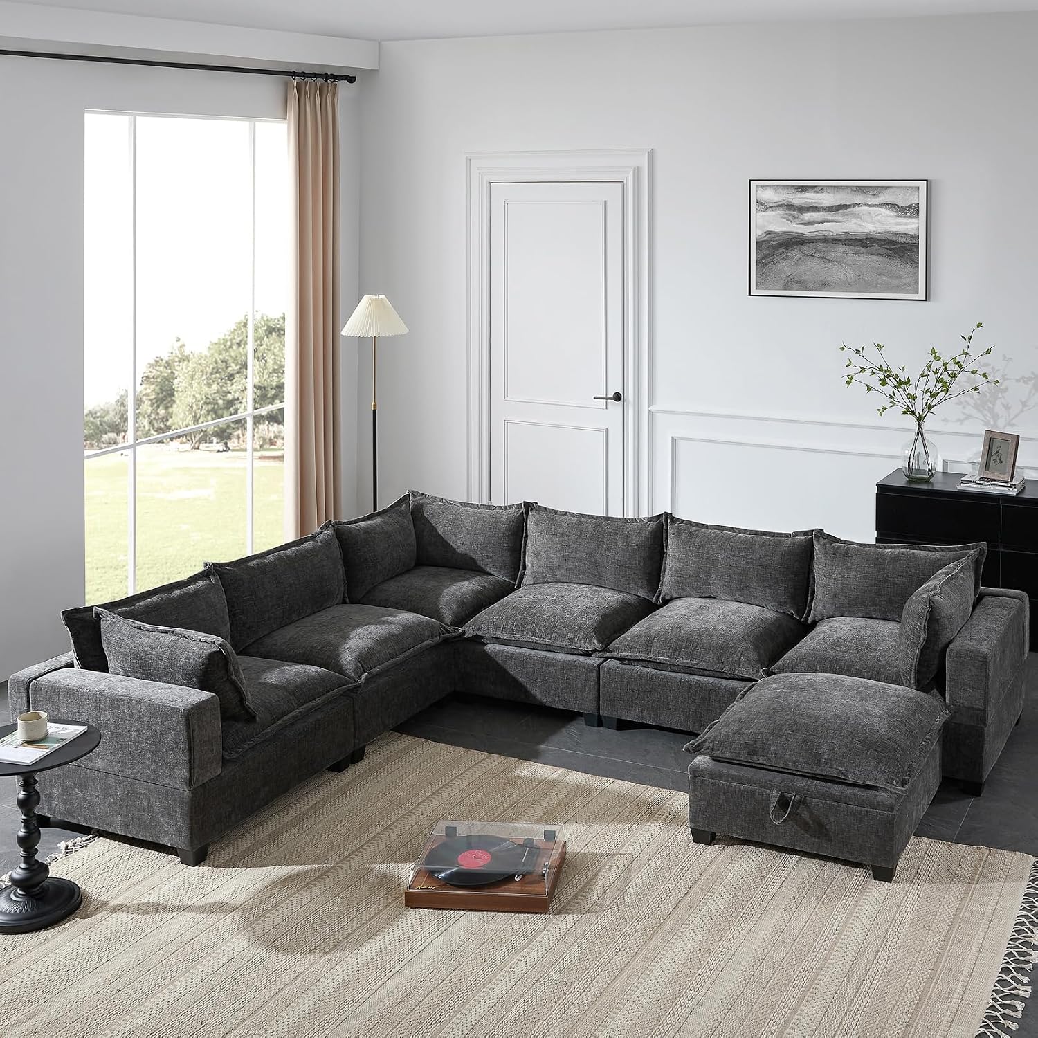 117' Oversized Modular Sectional Sofa with Movable Storage Ottoman, 7-Seat U-Shaped Cloud Couch with Deep Seats, Chenille Upholstered Corner Couch, Modern Sectional Couches for Living Room, Grey