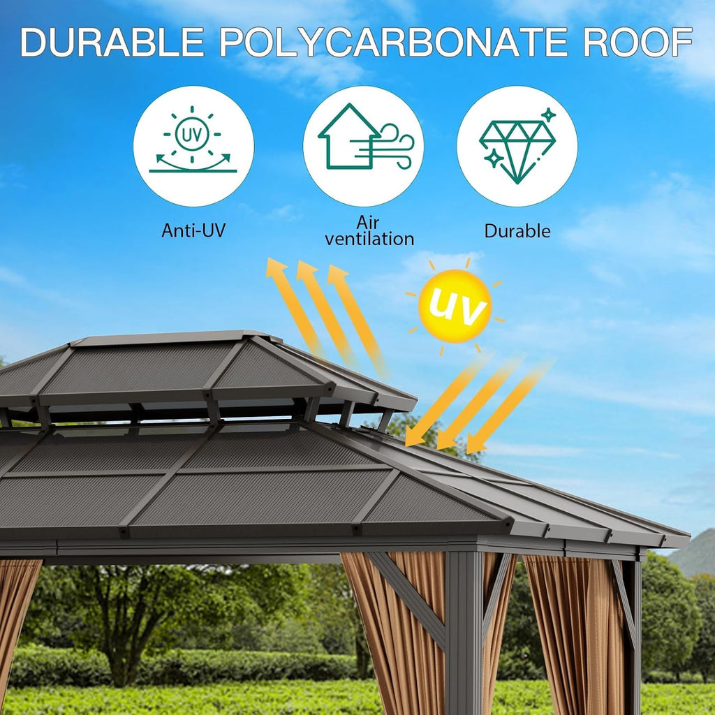 Hardtop Gazebo, 10'x13' Double-Layer Galvanized Steel Roof Gazebo, All-Season Aluminum Frame Pavilion with Privacy Curtains and Netting for Patio, Garden, Hot Tub & Backyard