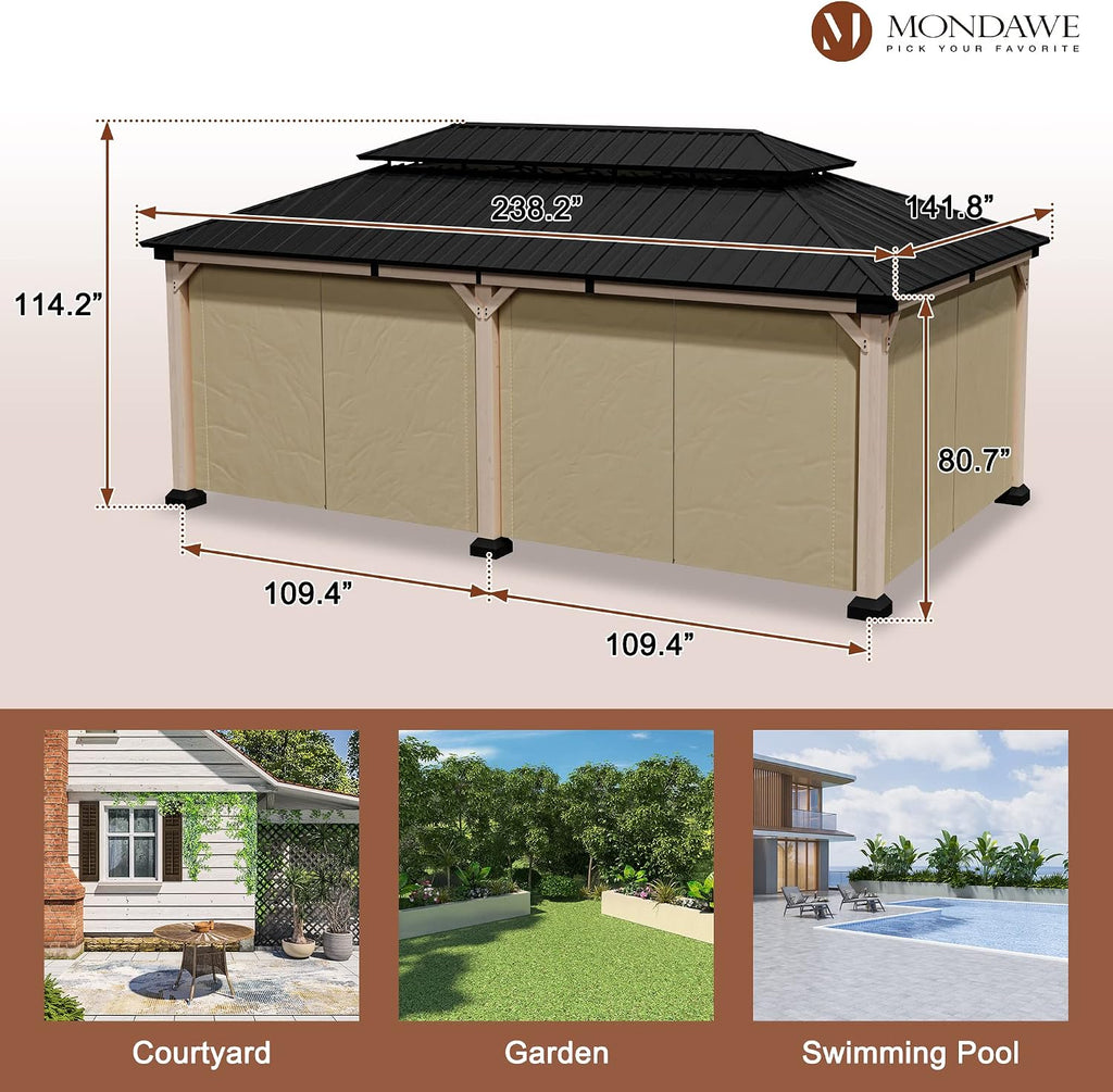 Cedar Wood Gazebo 12x20Ft Hardtop Gazebo with Curtains, Outdoor Permanent Gazebo Pergola with Galvanized Steel Double Roof Pavilion for Patio Lawn Garden
