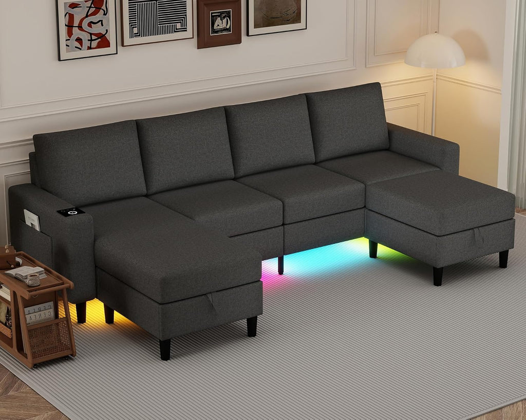 Sectional Couches for Living Room, 109' U Shaped Cloud Couch with Chaise Lounge/Storage Ottoman, 4 Seat Linen Sectional Sofa with Smart Module-Wireless Charging/USB/Type-C/RGB Lights (Dark Grey)
