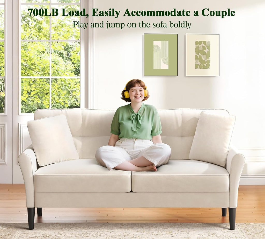 Loveseat Sofa, 69' Love Seat Couches, Comfy Velvet Small Couches for Small Spaces with 2 Pillows, Tool-Free Setup Sofas & Couches, 700lb Load Sofas for Living Room, Mini Couch for Bedroom, White Couch