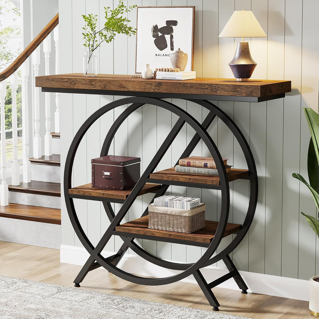 Tribesigns Console Table, 40-Inch Entryway Table with Storage Shelves, 4-Tier Industrial Hallway Sofa Table with Geometric Metal Frame, Accent Table for Living Room, Entryway, Rustic Brown