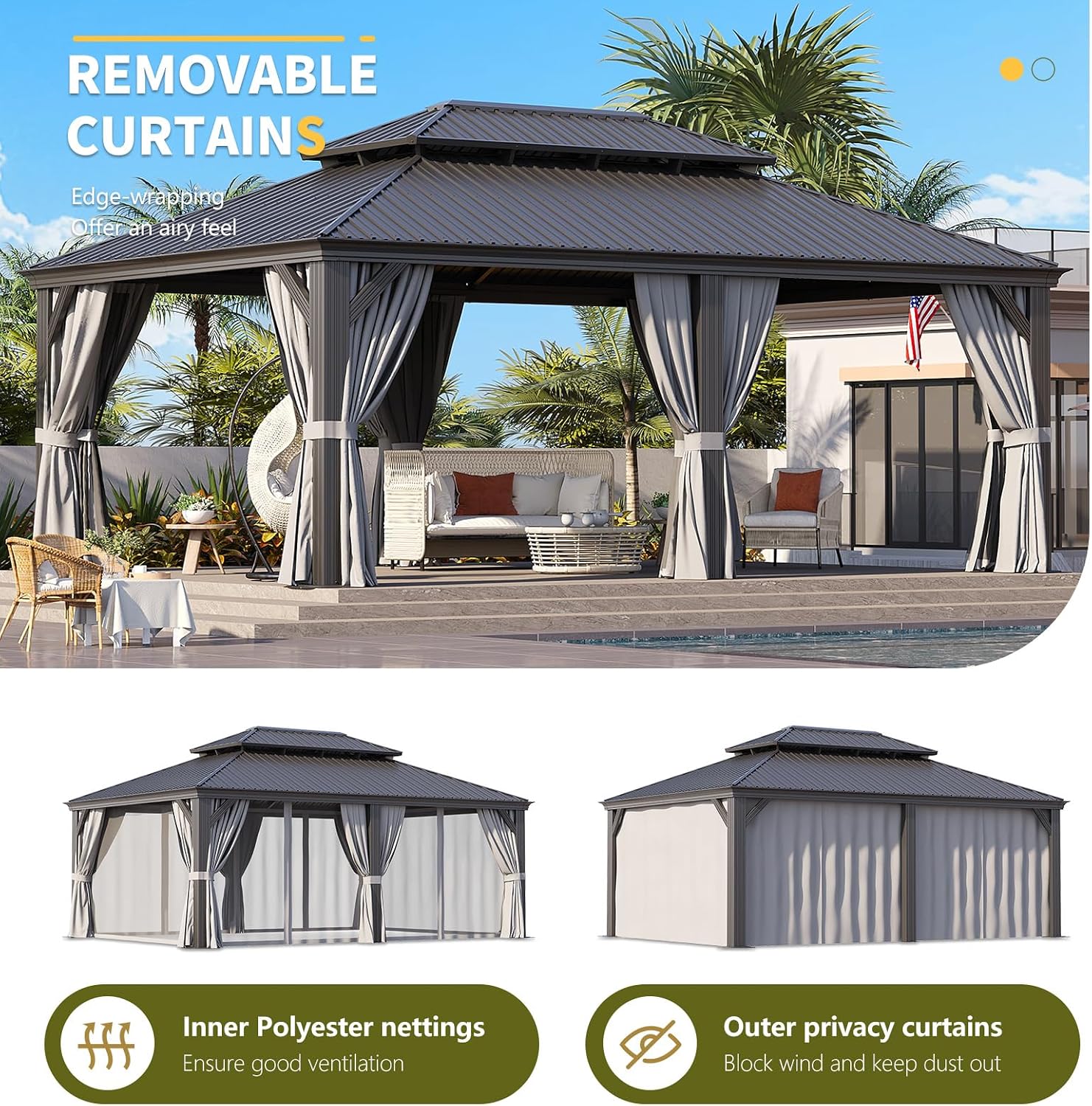 Suitable for Garden Leisure Time: 14'x20' Double - top Iron Sheet Luxury Pavilion, with a Sturdy Aluminum Alloy Frame, Equipped with Water - Repellent Enclosure Fabric and Insect - Proof Net