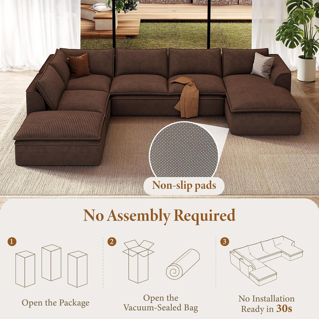 Vesgantti 141.7' Oversized Boneless Sectional Couch, Modern 7 Seater Modular Sofa with Chaise & Ottoman, Deep Seat Corduroy Cloud Couches for Living Room, No Assembly Required, Dark Brown