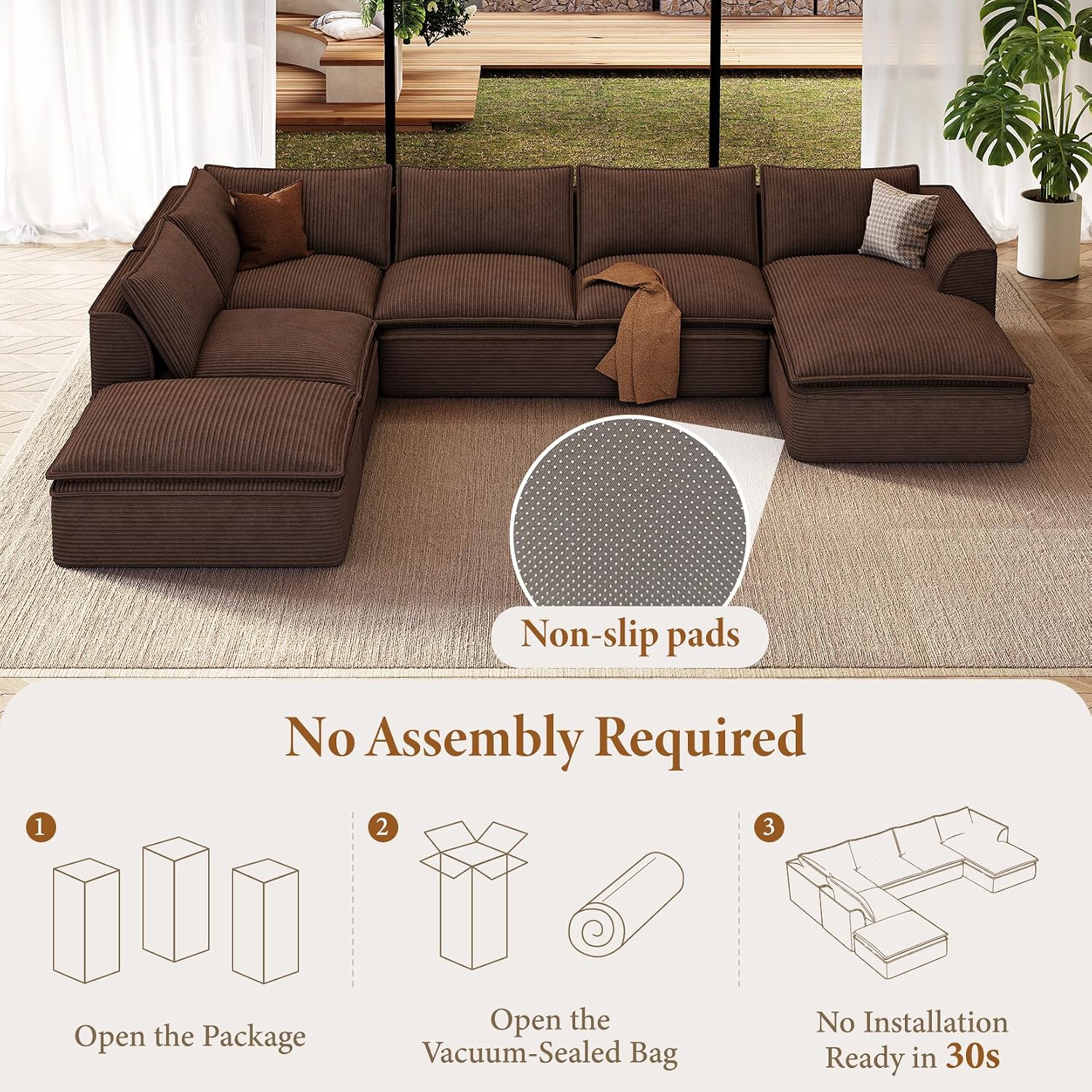 Vesgantti 141.7' Oversized Boneless Sectional Couch, Modern 7 Seater Modular Sofa with Chaise & Ottoman, Deep Seat Corduroy Cloud Couches for Living Room, No Assembly Required, Dark Brown