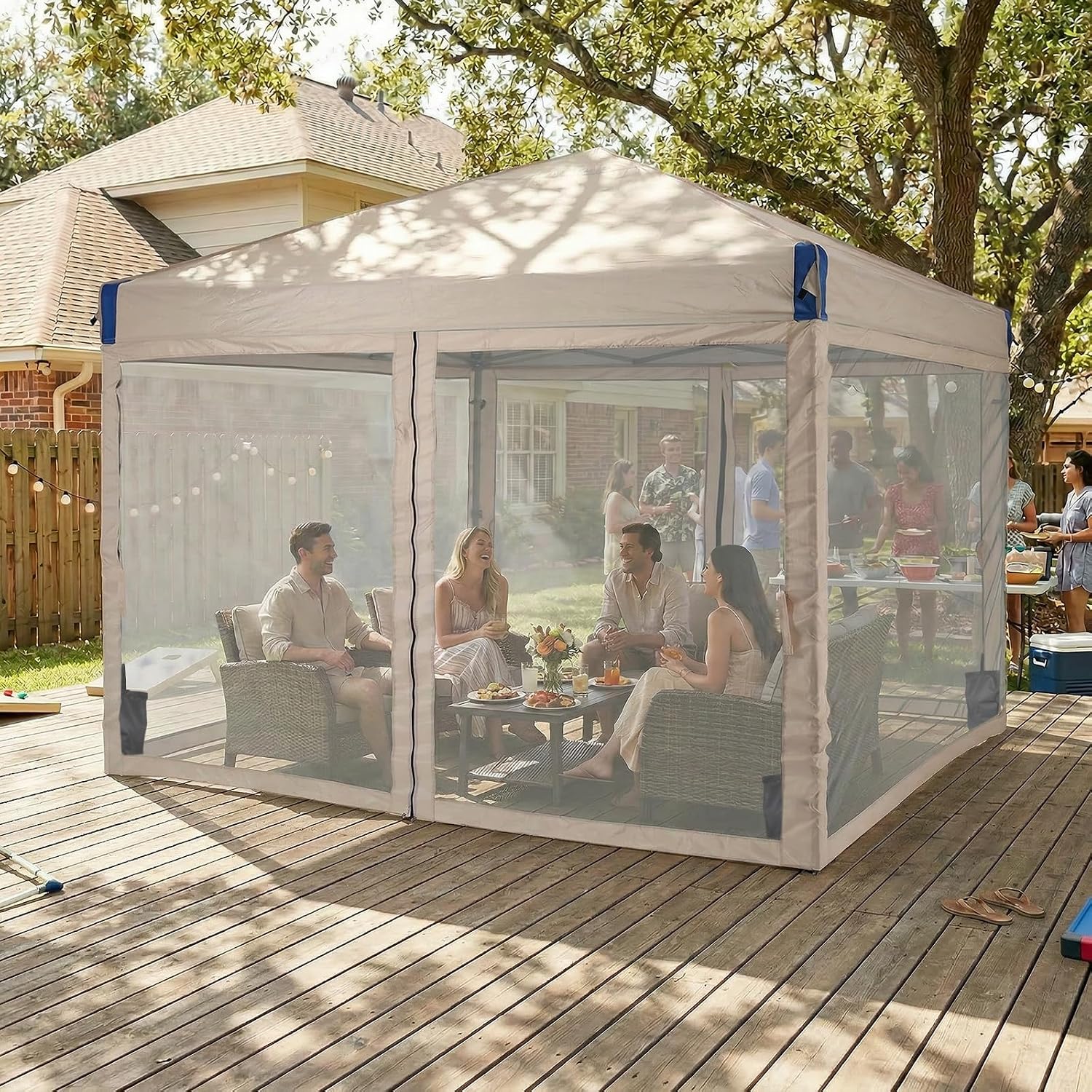 Aoodor 10x10 Ft Pop Up Canopy Tent with Netting, Water-Resistant 210D Oxford Fabric Shade, Easy Assembly Commercial Gazebo with Wheeled Carry Bag & 4 Sand Bags for Camping, Party, Khaki