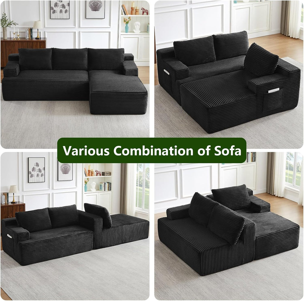 96' Modular Sectional Sofa, Modern Corduroy Cloud Couch with Side Pockets, Boneless Couch Upholstered 3-Seater L-Shaped Sofa for Living Room, No Assembly Required (Black, Right-Facing Chaise)