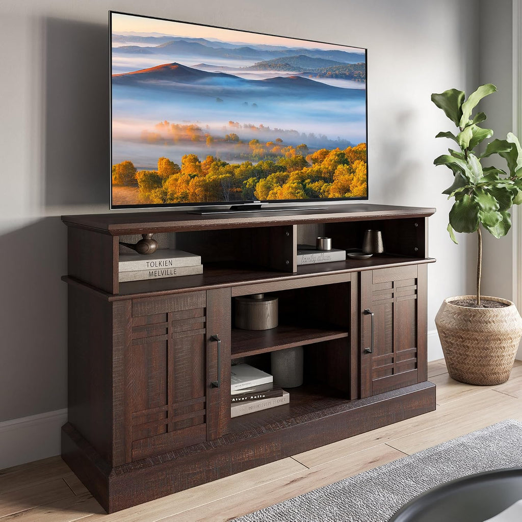 BELLEZE Modern 48' Farmhouse Wood TV Stand & Media Entertainment Center Console Table for TVs up to 50 Inch with Open Storage Shelves & Cabinets - Norrell (Espresso)
