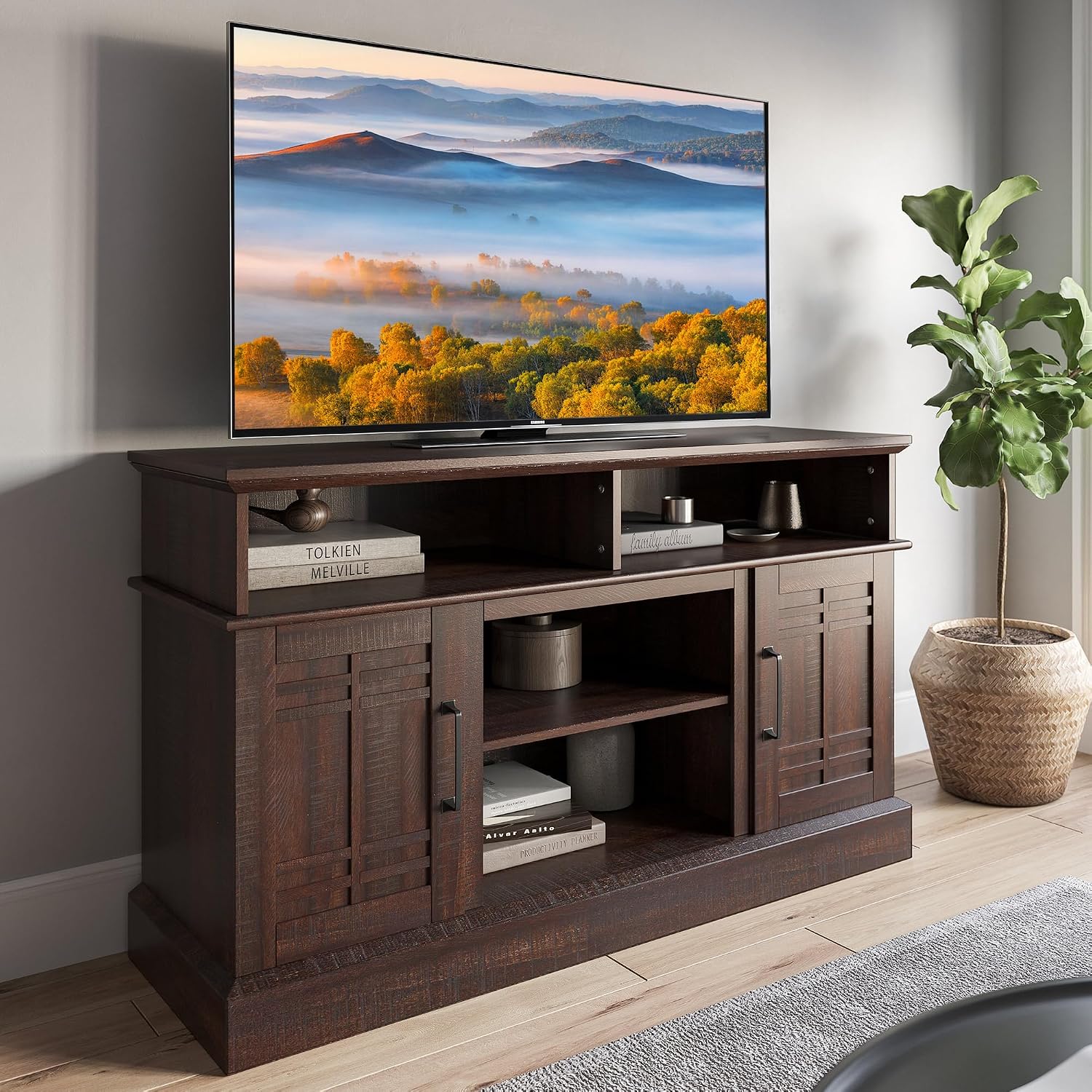 BELLEZE Modern 48' Farmhouse Wood TV Stand & Media Entertainment Center Console Table for TVs up to 50 Inch with Open Storage Shelves & Cabinets - Norrell (Espresso)